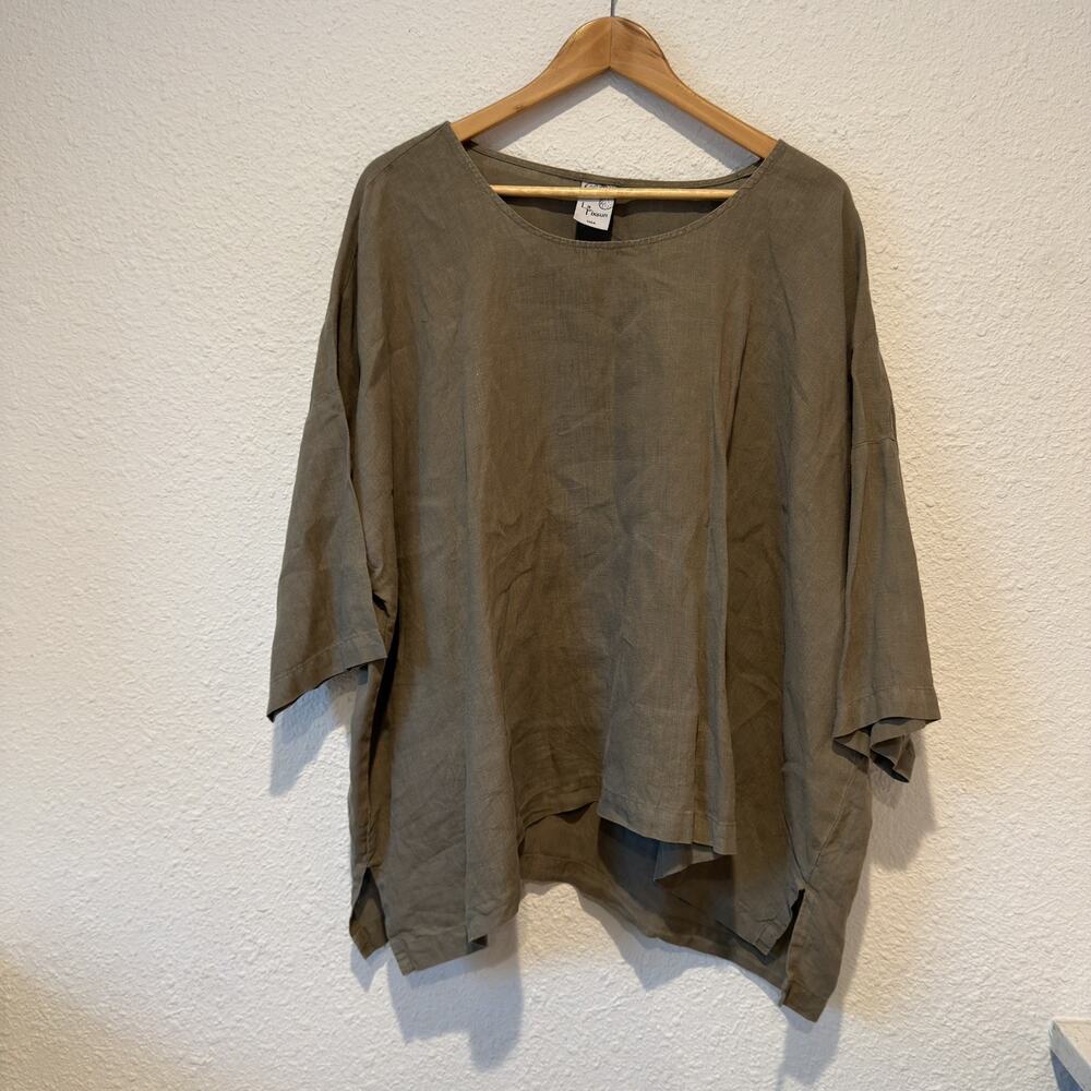La Fixsun Olive Army Green 100% Linen Lagenlook Asymmetrical V-Neck Top Sz L